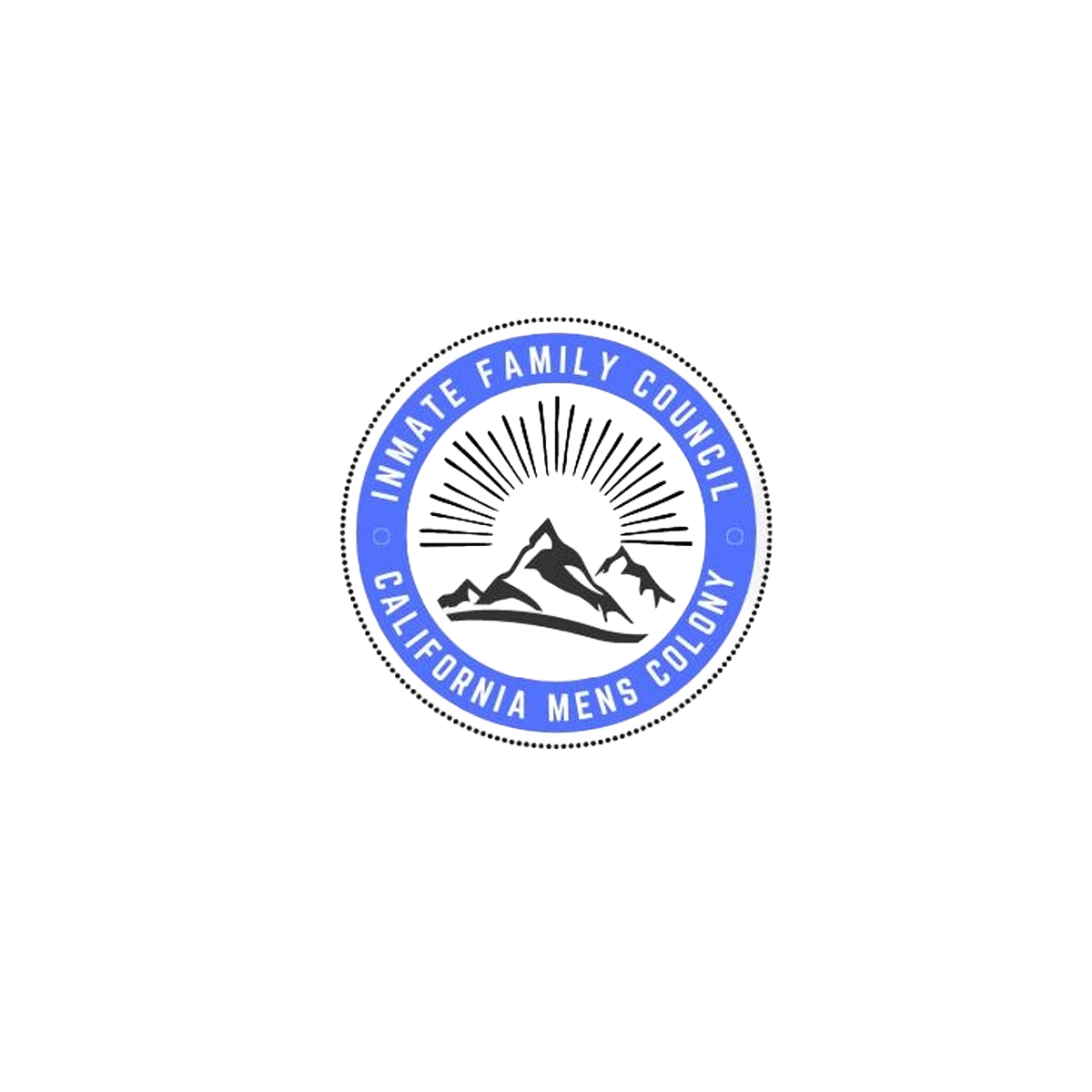 Seal of the Inmate Family Council of California Men's Colony featuring mountains, sun rays, and blue text