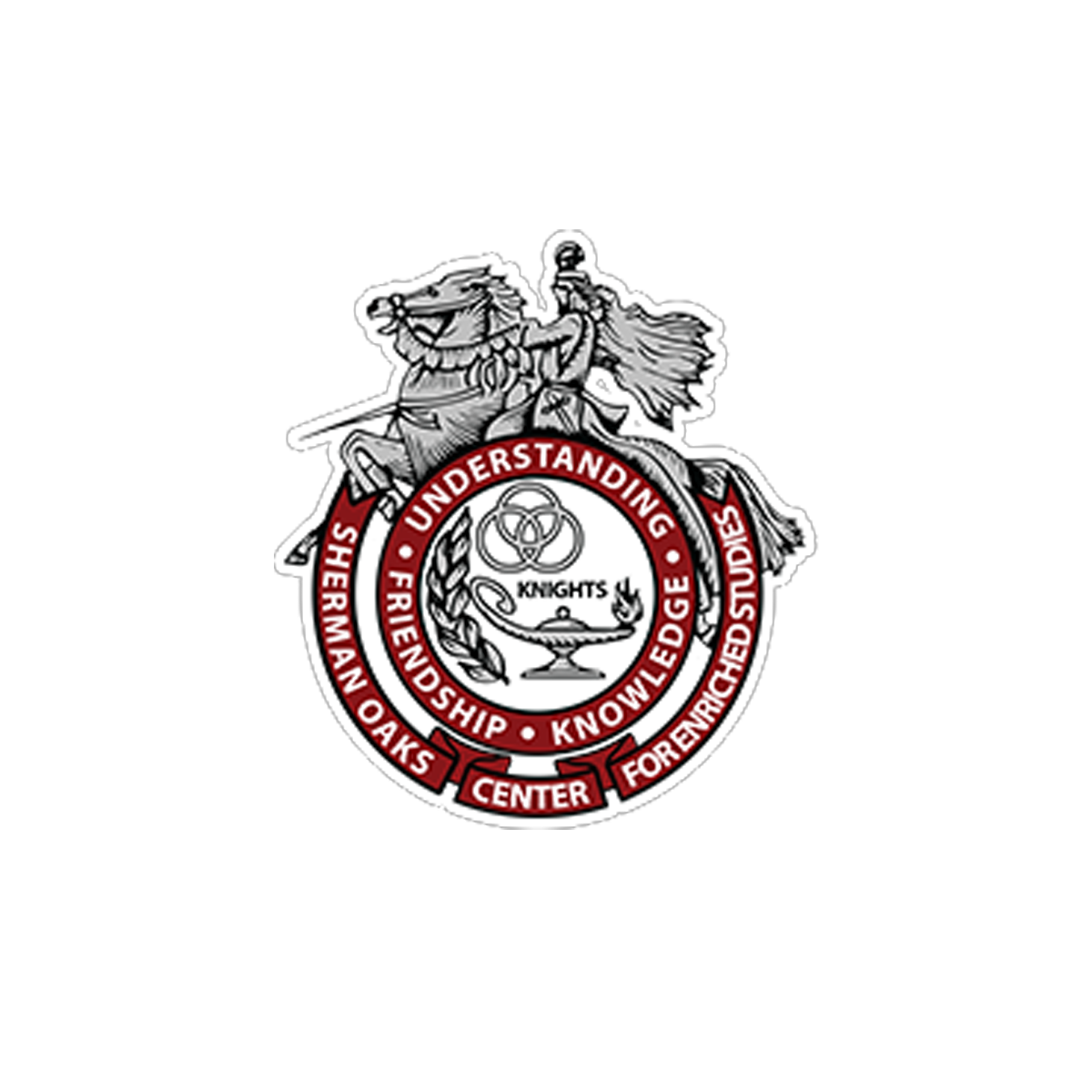 Logo of the Knights of Columbus, featuring a knight on horseback, with text emphasizing understanding, friendship, fellowship, knowledge, and studies.