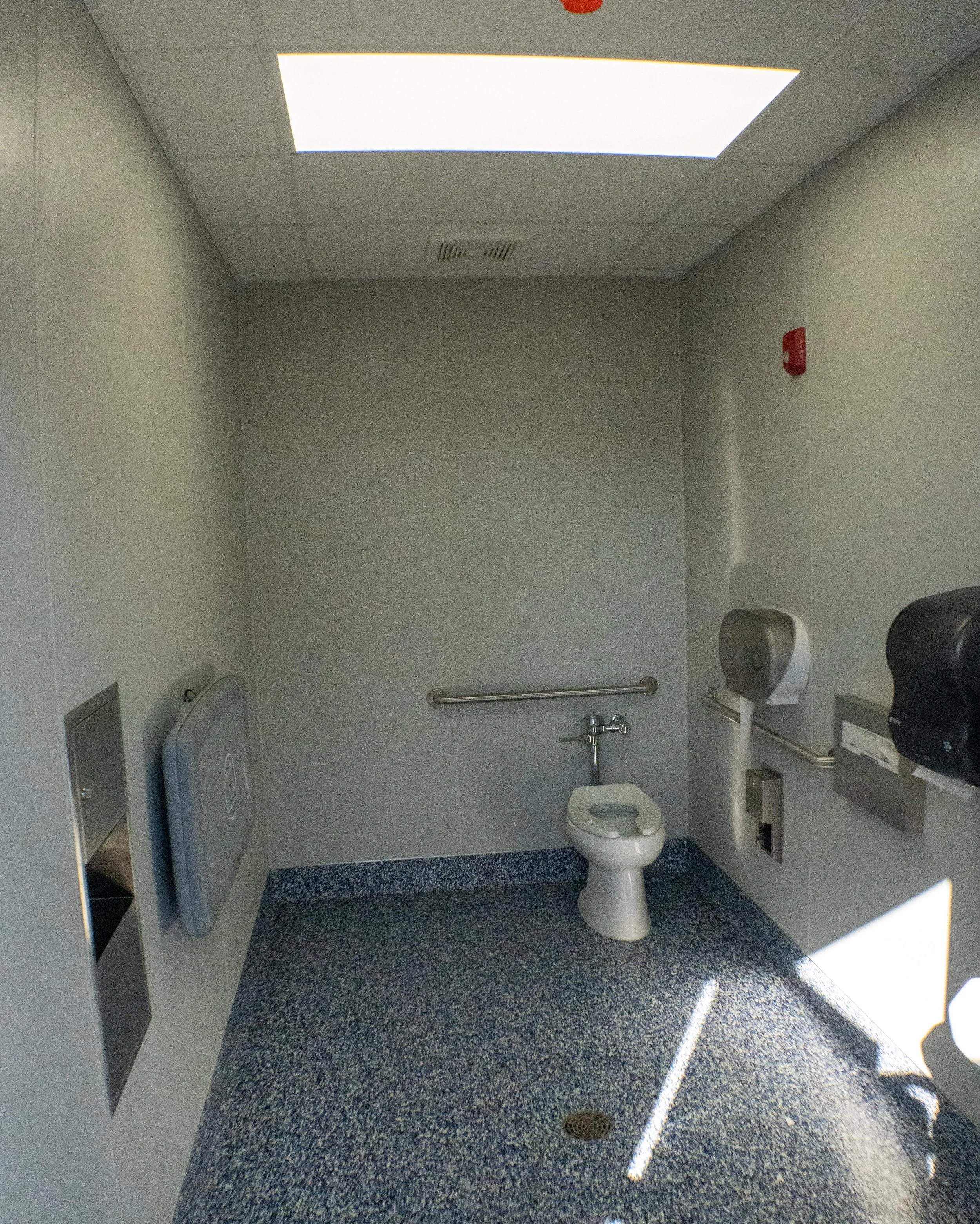 A clean, empty accessible restroom with a folding baby changing station on the left wall, a toilet with grab bars, a soap dispenser, a paper towel dispenser, and a fire alarm on the walls. The ceiling has a fluorescent light panel, and the floor has 