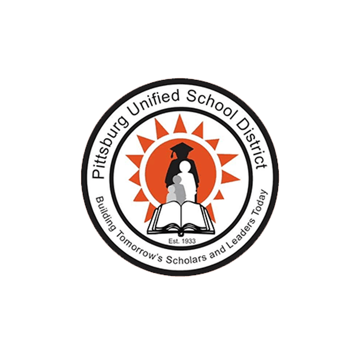 Logo of Pittsburg Unified School District featuring a silhouette of a graduate with a mortarboard and a family, an open book, and a sunburst design with the text 'Pittsburg Unified School District Building Tomorrow's Scholars and Leaders Today, Est. 