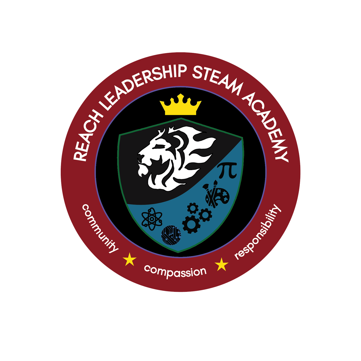 Seal of Reach Leach Leadership Steam Academy with a lion's head, a crown, a pi symbol, gears, a globe, an atom, and a DNA helix, surrounded by the words 'community,' 'compassion,' 'responsibility,' and stars.