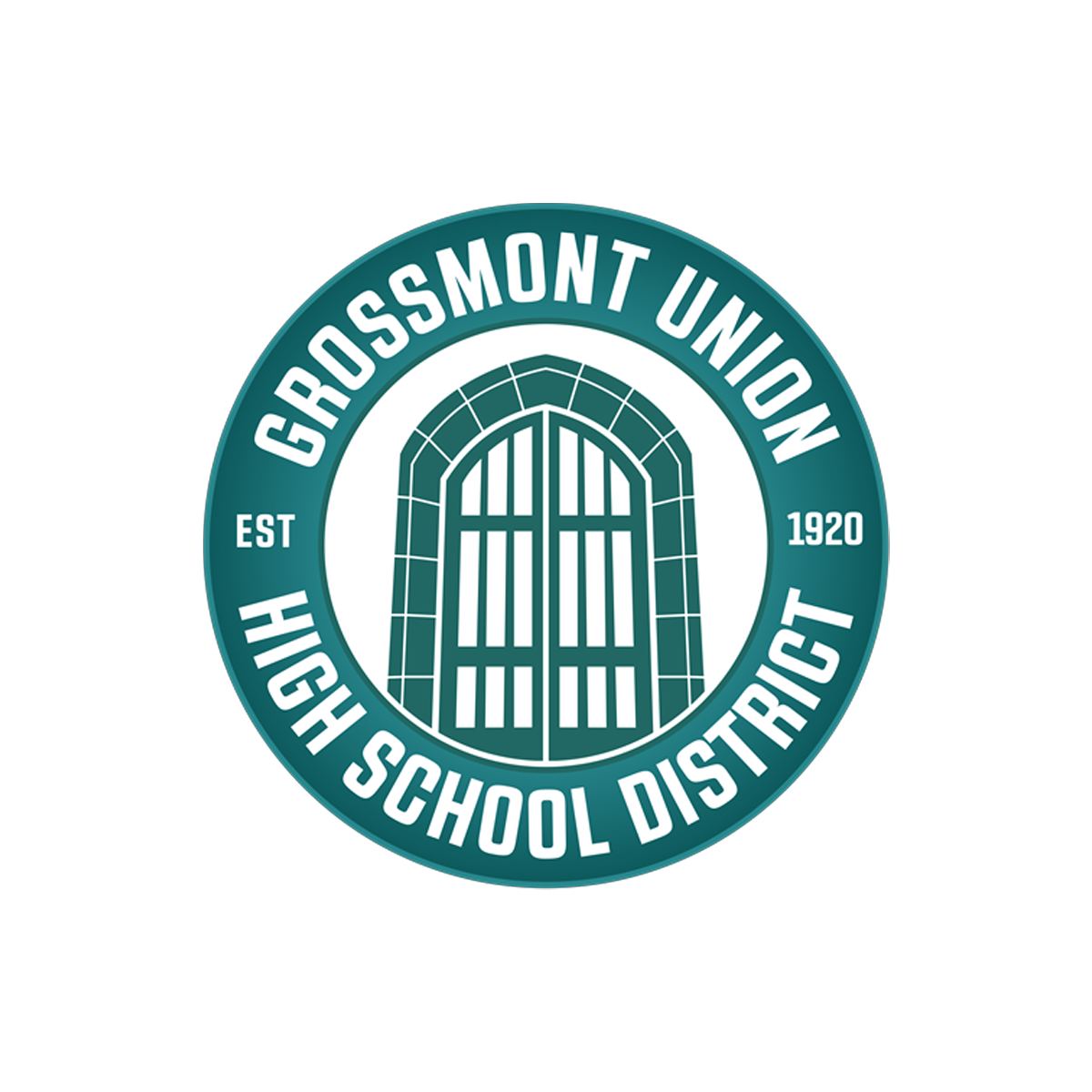 Logo of Crossmont Union High School District, established in 1920, featuring an illustrated arched window or door inside a circular badge with the district's name around it.