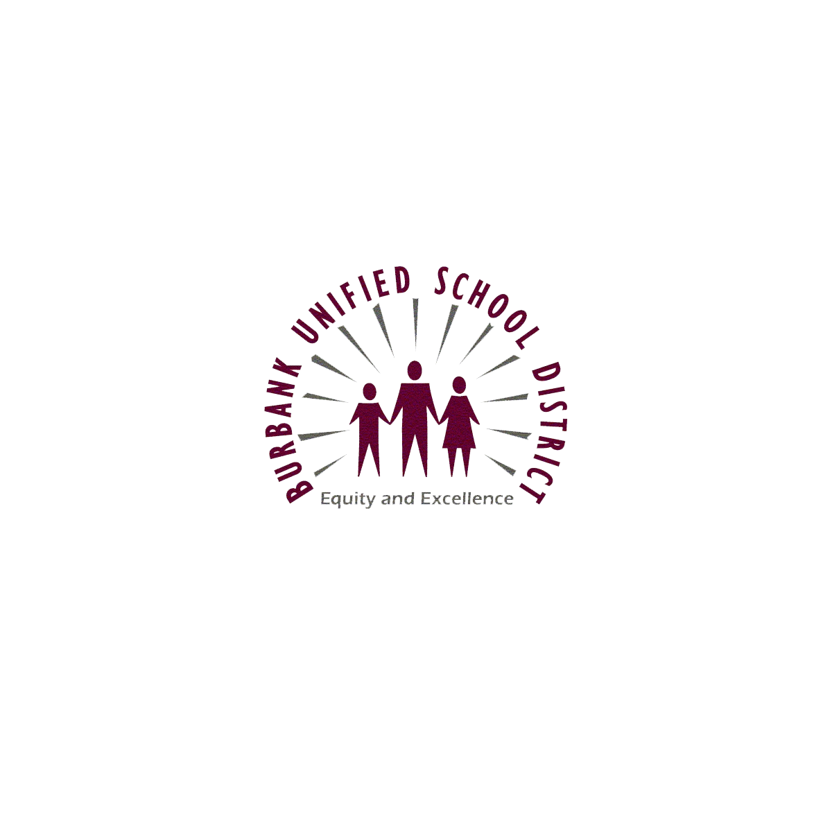 Logo of Burk Unfied School District featuring three figures holding hands with rays behind them, and the text 'Equity and Excellence' underneath.