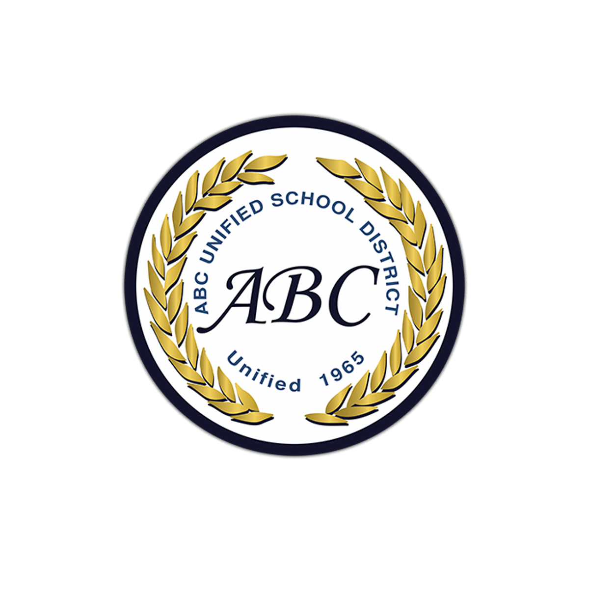 Logo of ABC Unified School District showing a white circle with a gold laurel wreath and navy text, reading 'ABC Unified School District' around the top, 'Unified 1965' at the bottom, and 'ABC' in stylized font in the center.