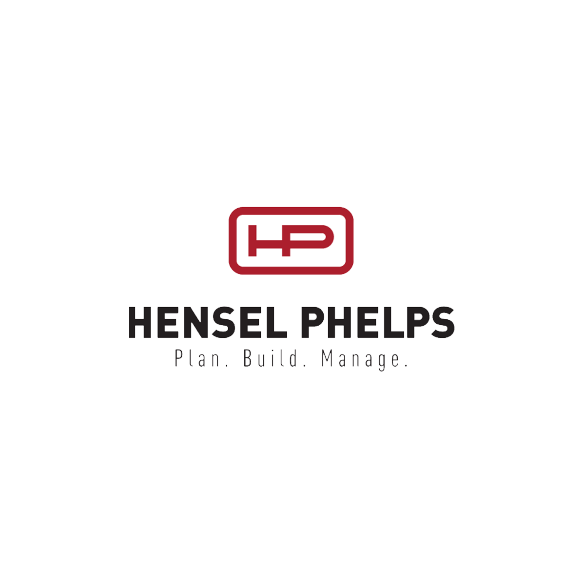 Hensel Phelps logo with a red and white emblem above the name, and the slogan 'Plan. Build. Manage.' underneath in gray text.