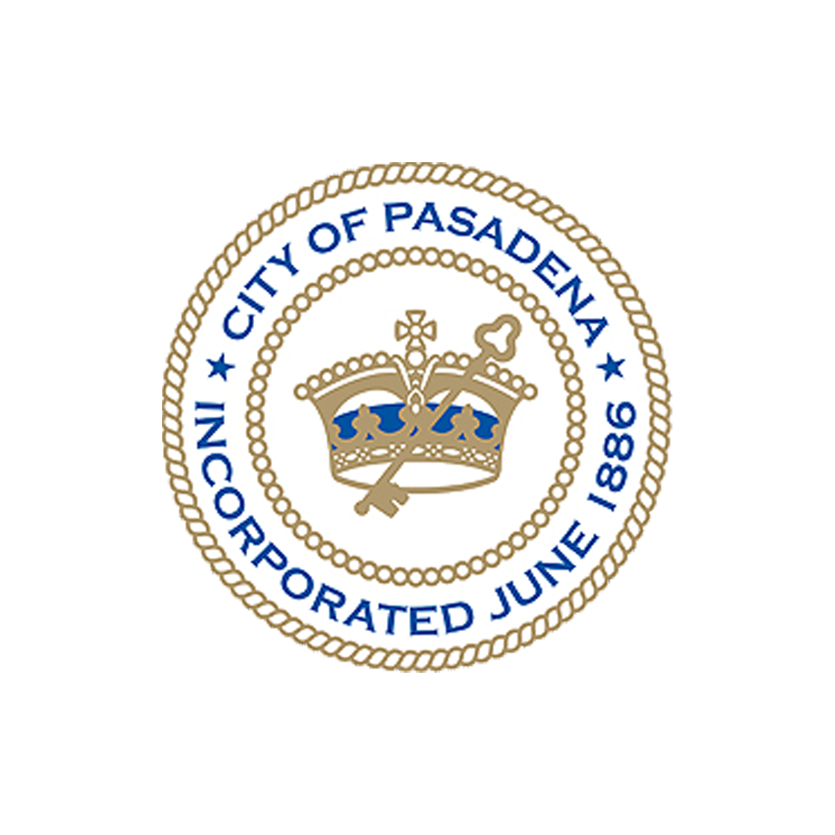 Seal of the City of Pasadena with a crown, sword, and cross, surrounded by blue text and gold border.