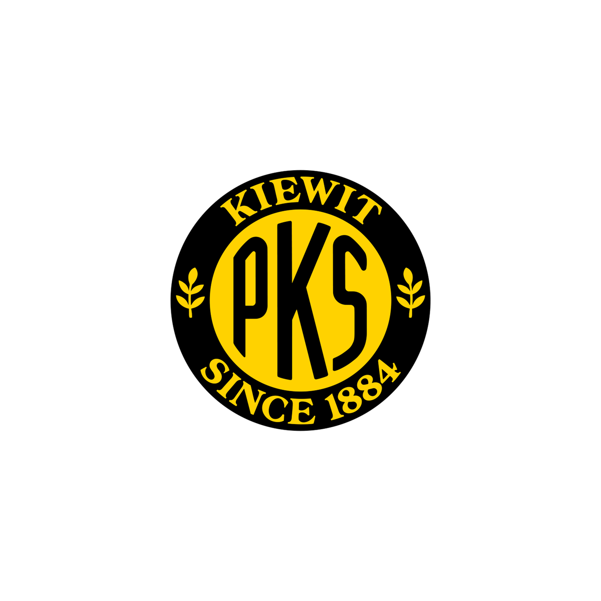 Black background with a gold emblem featuring the text 'KIEWIT' at the top, 'SINCE 1884' at the bottom, and a circular monogram 'PKS' in the center with stylized vertical lines.
