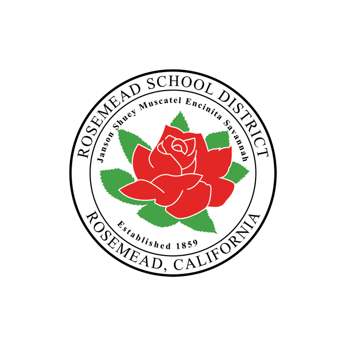 Seal of Rosemead School District, California, featuring a red rose with green leaves, surrounded by text with district and establishment details.