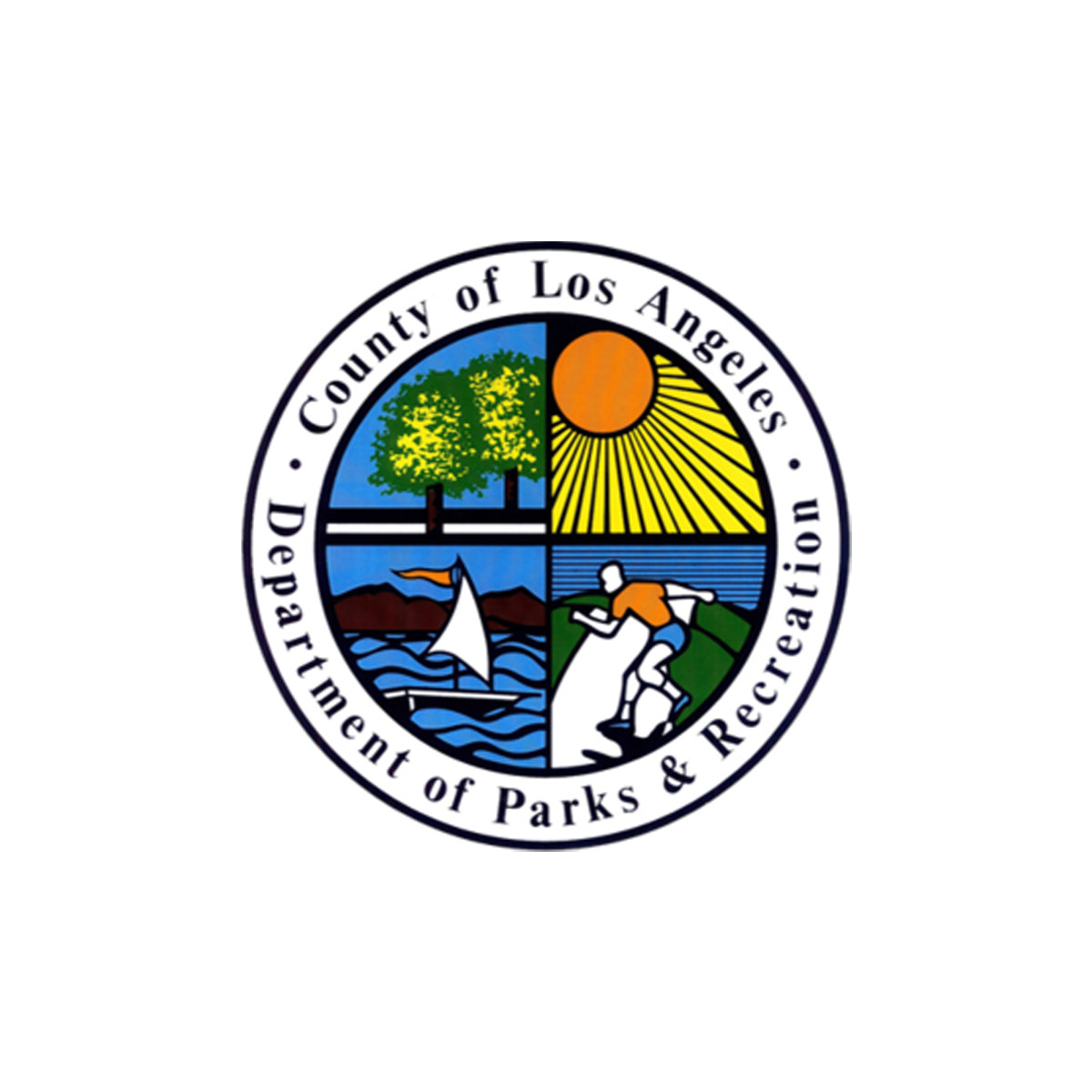 Seal of the Department of Parks and Recreation for Los Angeles County, featuring a tree, sun, sailboat, and a person skating.
