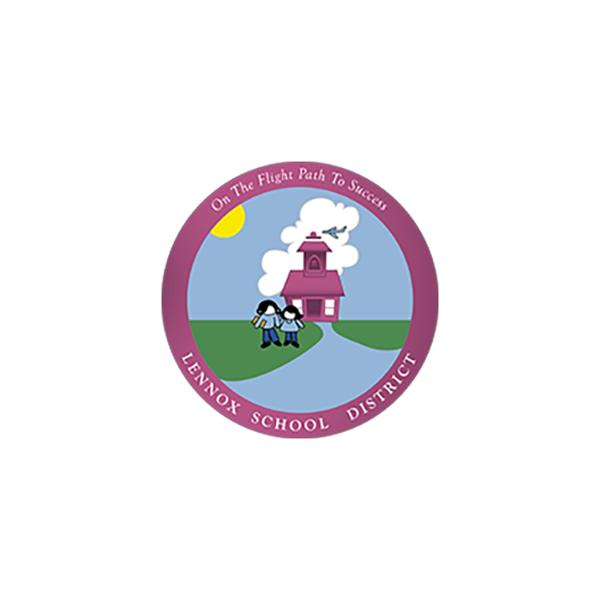 Circle emblem with a purple border containing the text "On the Flight Path to Success" and "Lennox School District". Inside the circle, a sunny sky with white clouds, a yellow sun, two children with dark hair and backpacks walking on a path toward a 