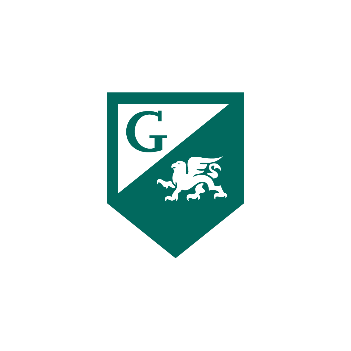 A logo with a green shield divided diagonally, featuring a white letter G and a white lion with wings.