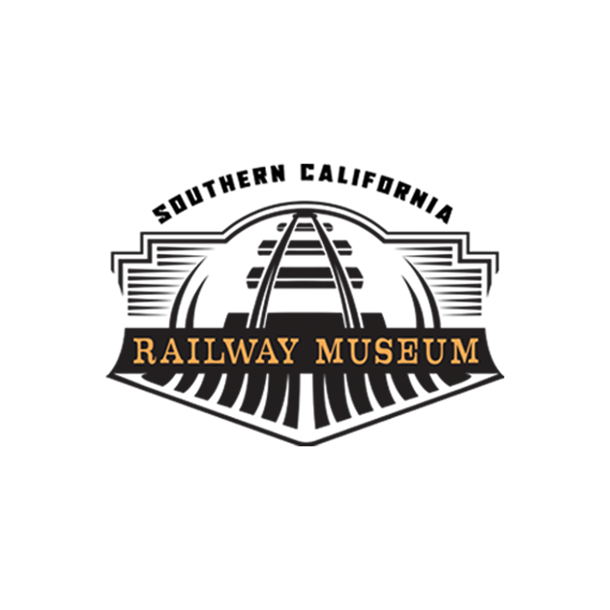Logo of the Railway Museum featuring a stylized train track and train silhouette with the words 'Railway Museum' in gold text.
