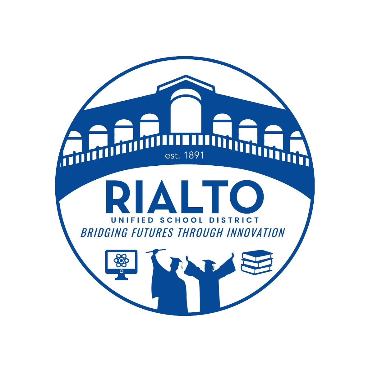 Rialto Unified School District logo featuring a historic building, students with graduation caps, books, and science and education symbols.