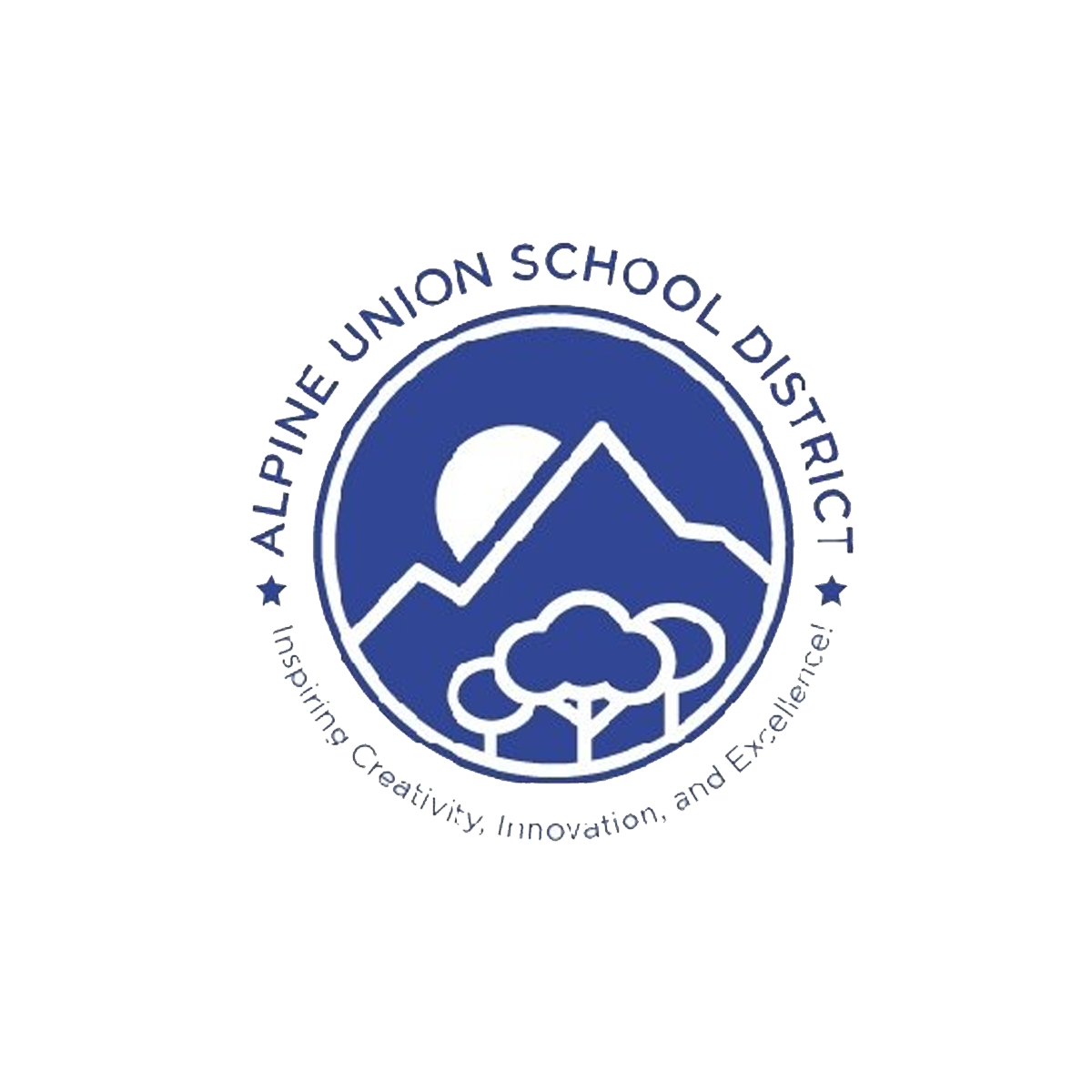 Logo of Alpine Unified School District featuring a mountain, sun, and trees, with the district's name encircling it.
