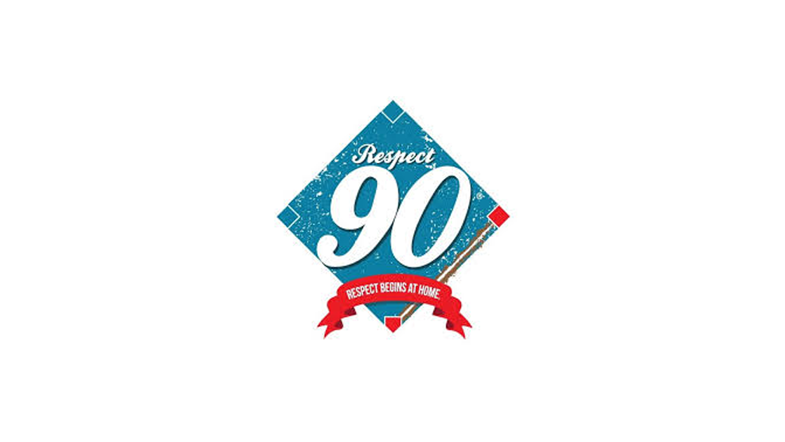 A graphic design with a blue diamond shape containing the text 'Respect 90' and a red ribbon with the phrase 'Respect Begins at Home' underneath.