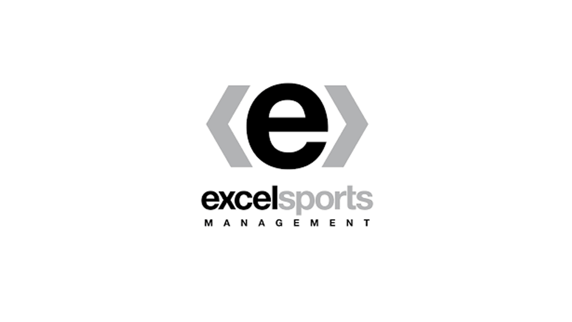 Excel Sports Management logo with a large black lowercase 'e' surrounded by gray angular brackets, and the text 'excelsports MANAGEMENT' below.