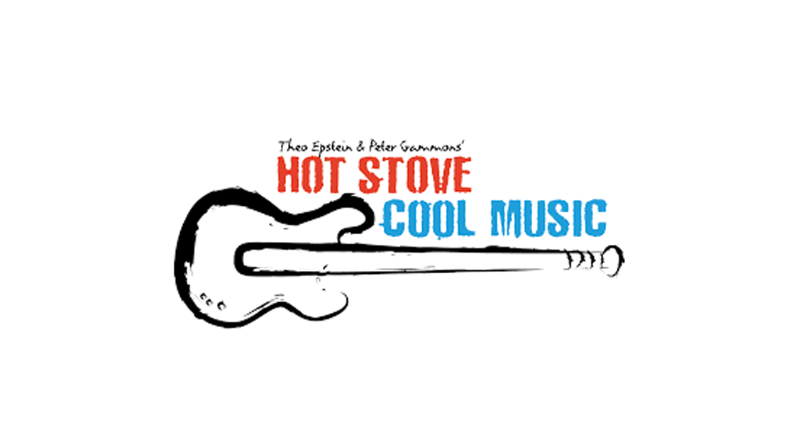 Graphic design of a guitar with text that reads 'Theo Epstein & Peter Gannon's HOT STOVE COOL MUSIC' with 'HOT STOVE' in red and 'COOL MUSIC' in blue.