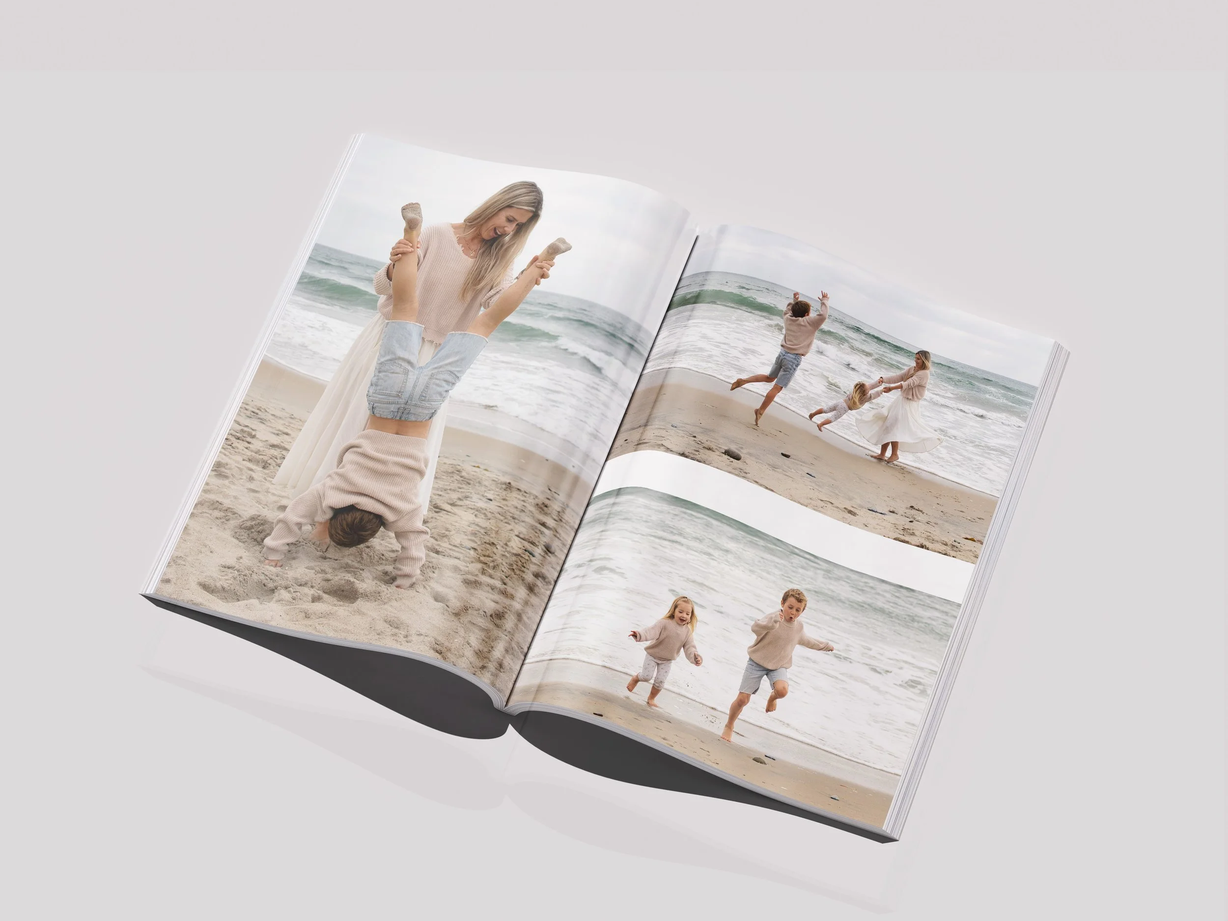 Open photo album showing images of children and women on the beach, playing and jumping near the ocean.