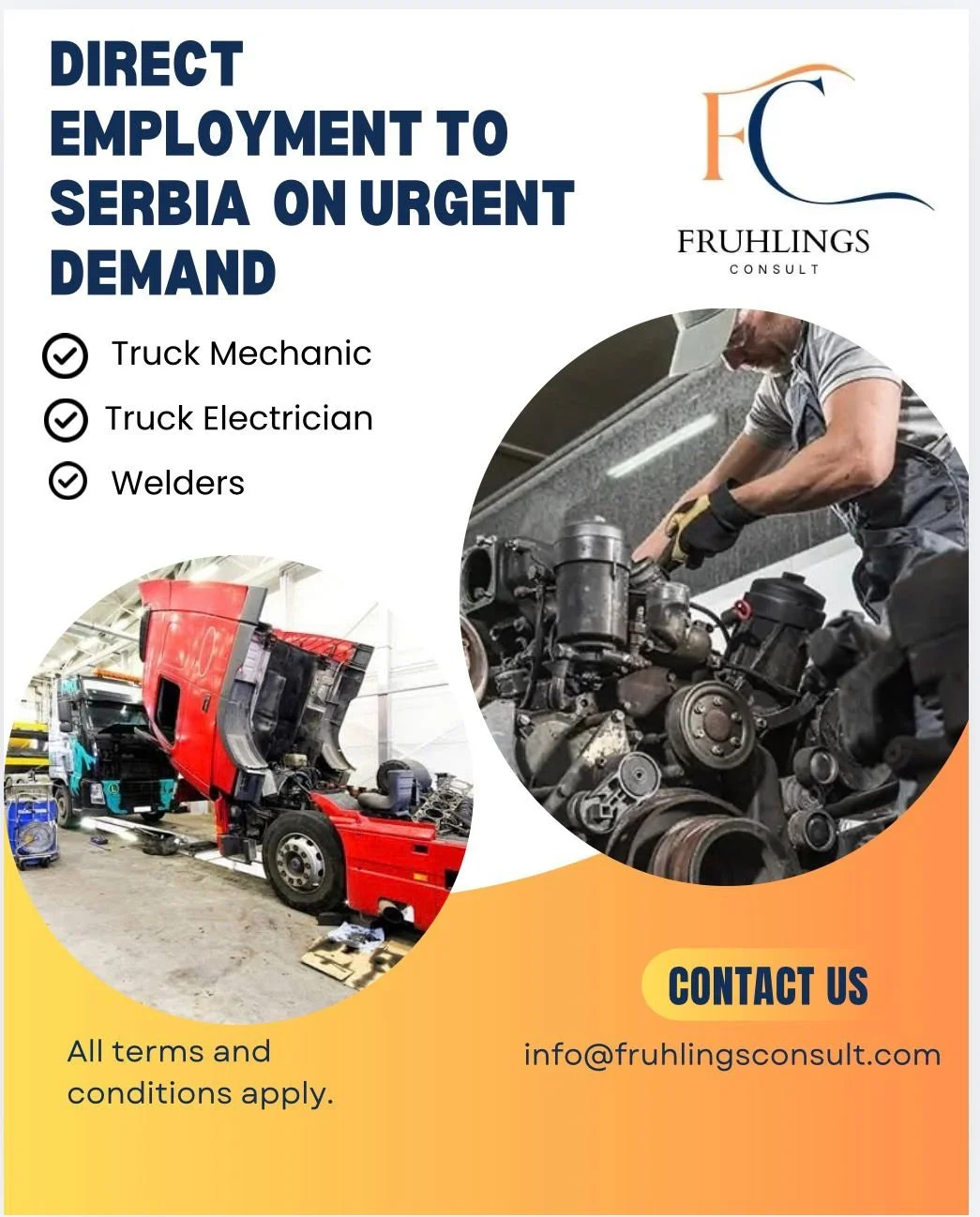 Flyer advertising urgent direct employment opportunities in Serbia for truck mechanic, truck electrician, and welders, featuring images of a truck workshop and a mechanic working on an engine, with contact information.