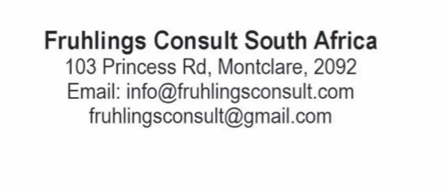 Business card for Fruhling Consult South Africa, providing address at 103 Princess Rd, Montclare, 2092, and email contacts info@fruhlingconsult.com and fruhlingconsult@gmail.com.