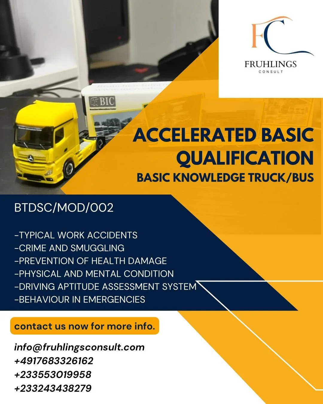 A promotional flyer for an accelerated basic qualification training program for truck and bus drivers, including topics like work accidents, crime, health prevention, mental health, driving assessment, and emergency behavior. The flyer features a yellow toy truck and includes contact information.