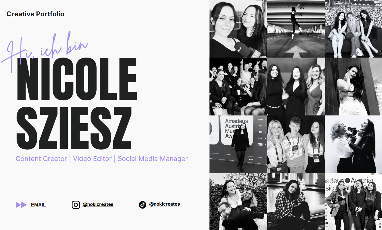 Collage of black-and-white photos of a woman named Nicole Szesz, with some social media handles and a presentation slide reading 'Hi, ich bin Nicole Szesz, Content Creator, Video Editor, Social Media Manager' with a group of women and scenes at events.
