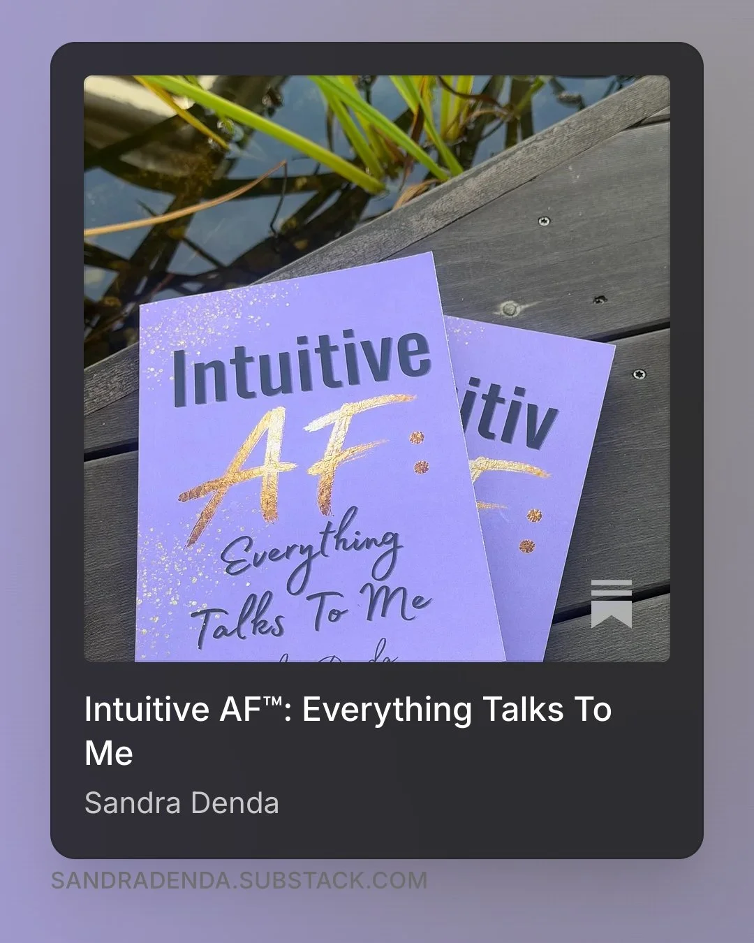Book cover titled "Intuitive AF: Everything Talks To Me" by Sandra Denda, with a light purple background and gold accents, placed on a wooden dock near water with some green aquatic plants.