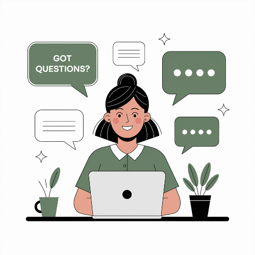 Illustration of a smiling woman with black hair in pigtails sitting at a desk with a laptop, surrounded by speech bubbles and potted plants, with a speech bubble saying "Got questions?"