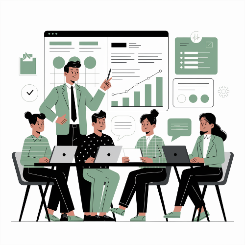 A diverse group of five people having a business discussion in a meeting room, with a presentation board showing graphs and data analytics in the background.