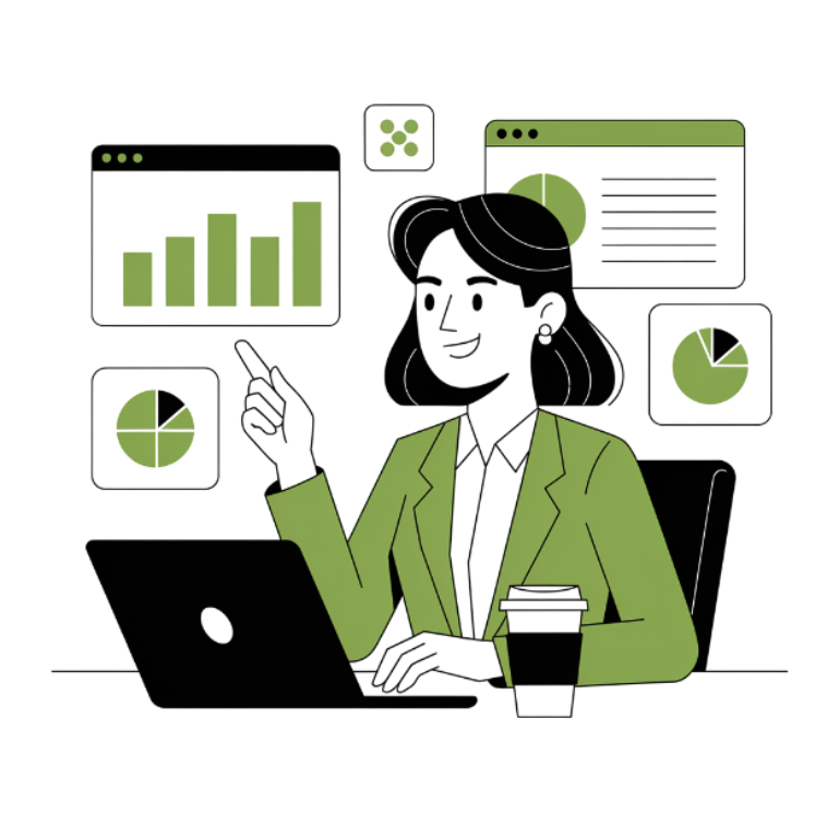 Illustration of a woman in a green blazer working on a laptop, surrounded by charts and graphs on the wall, and a coffee cup on the desk.