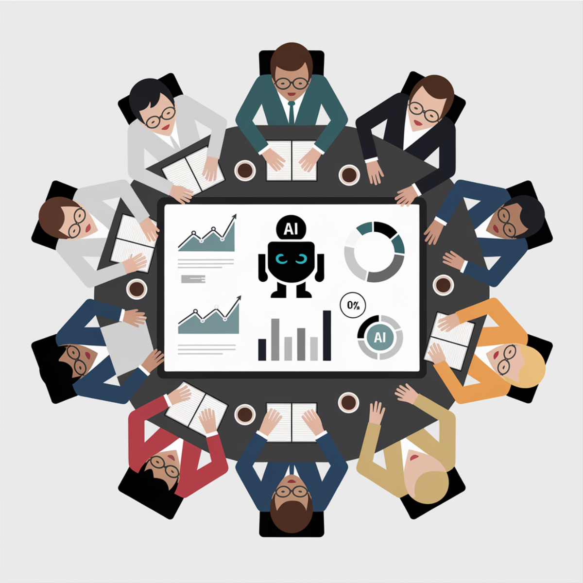 Top-down view of diverse businesspeople in bright clothing sitting around a round table with a large screen displaying AI graphics and charts.