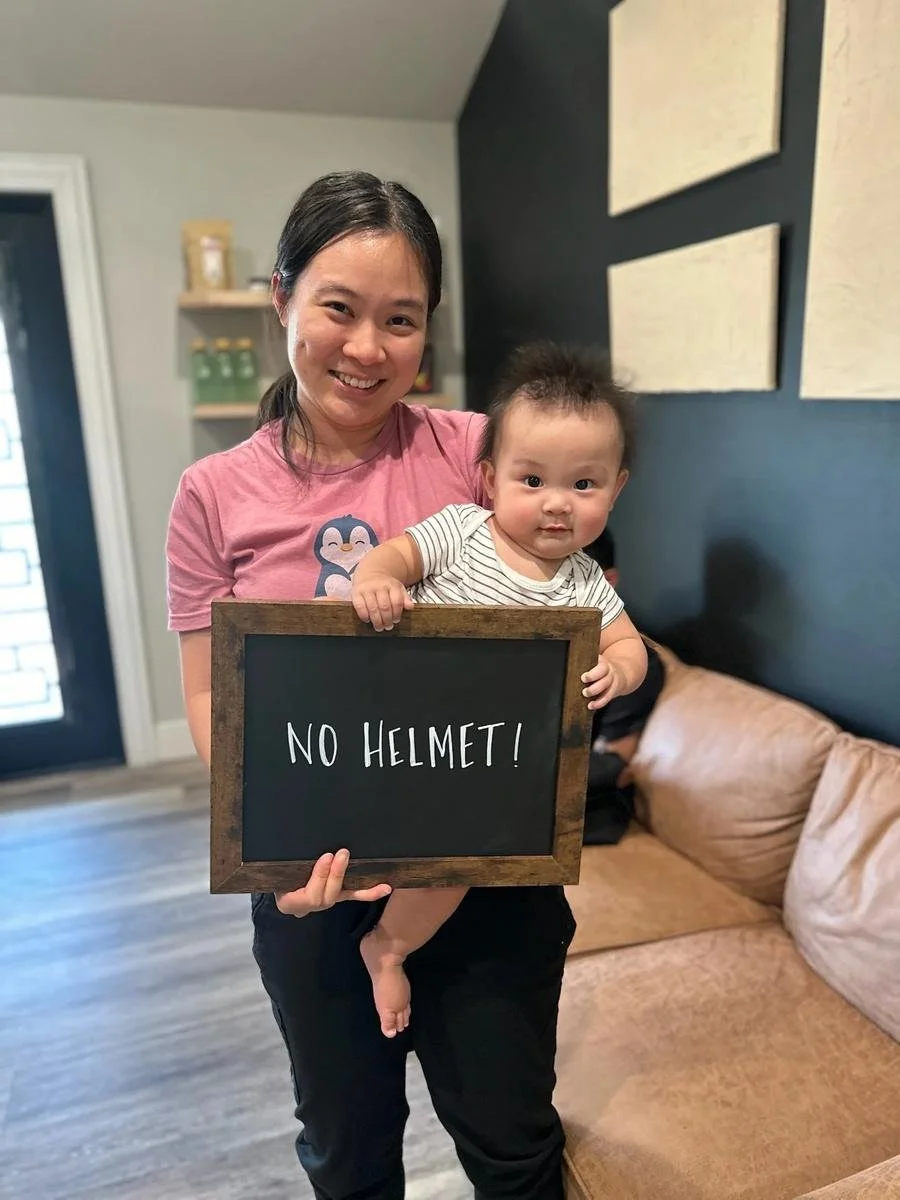 Real mom and baby success story: 'No Helmet!' Plagiocephaly support through pediatric chiropractic care at Social House Chiropractic in Prosper, TX.