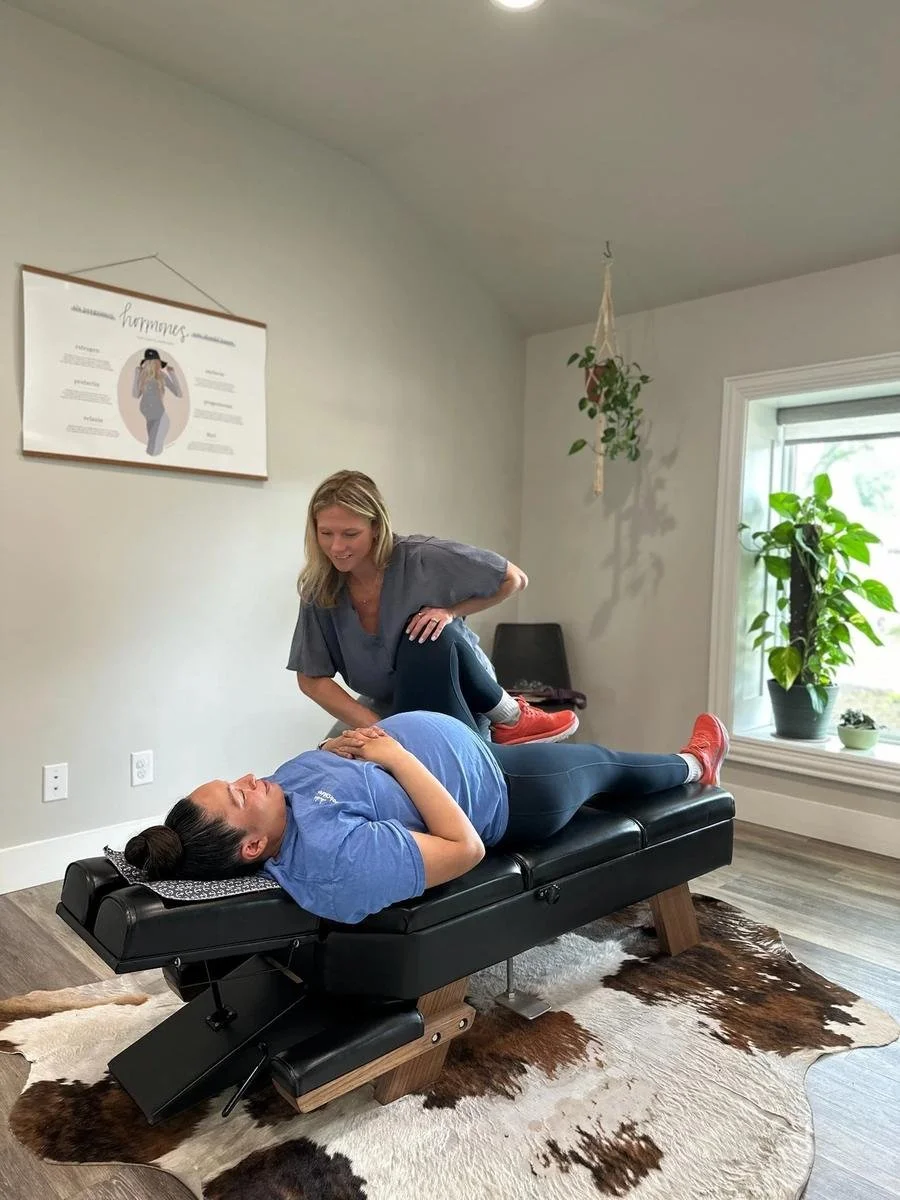 Dr. Kara Rodriguez providing prenatal sciatica relief at Social House Chiropractic in Prosper, TX. Webster Certified prenatal care.
