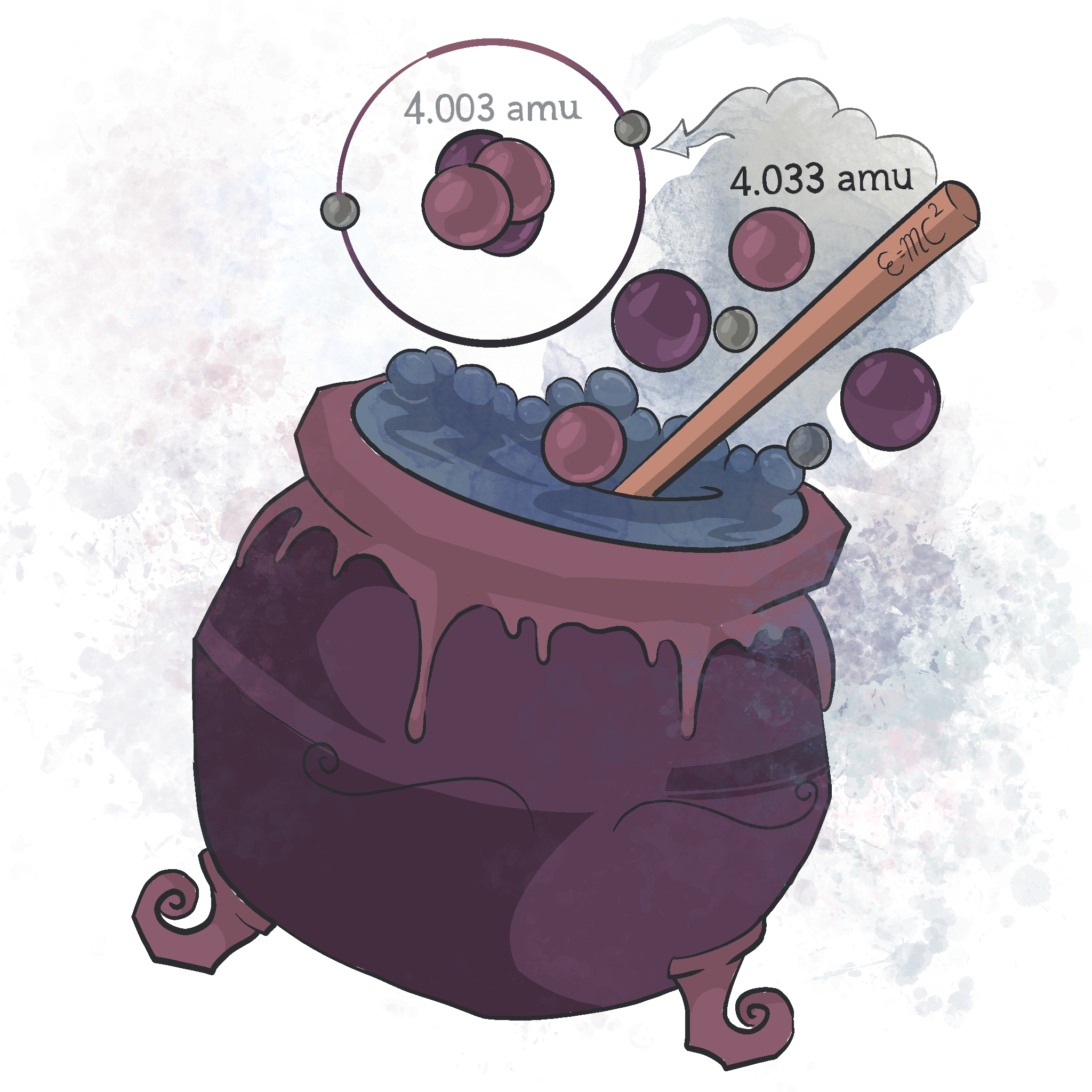 A cartoon depiction of a cauldron with a bubbling potion, floating purple molecules, and a wooden stir stick labeled 'E=MC^2'.