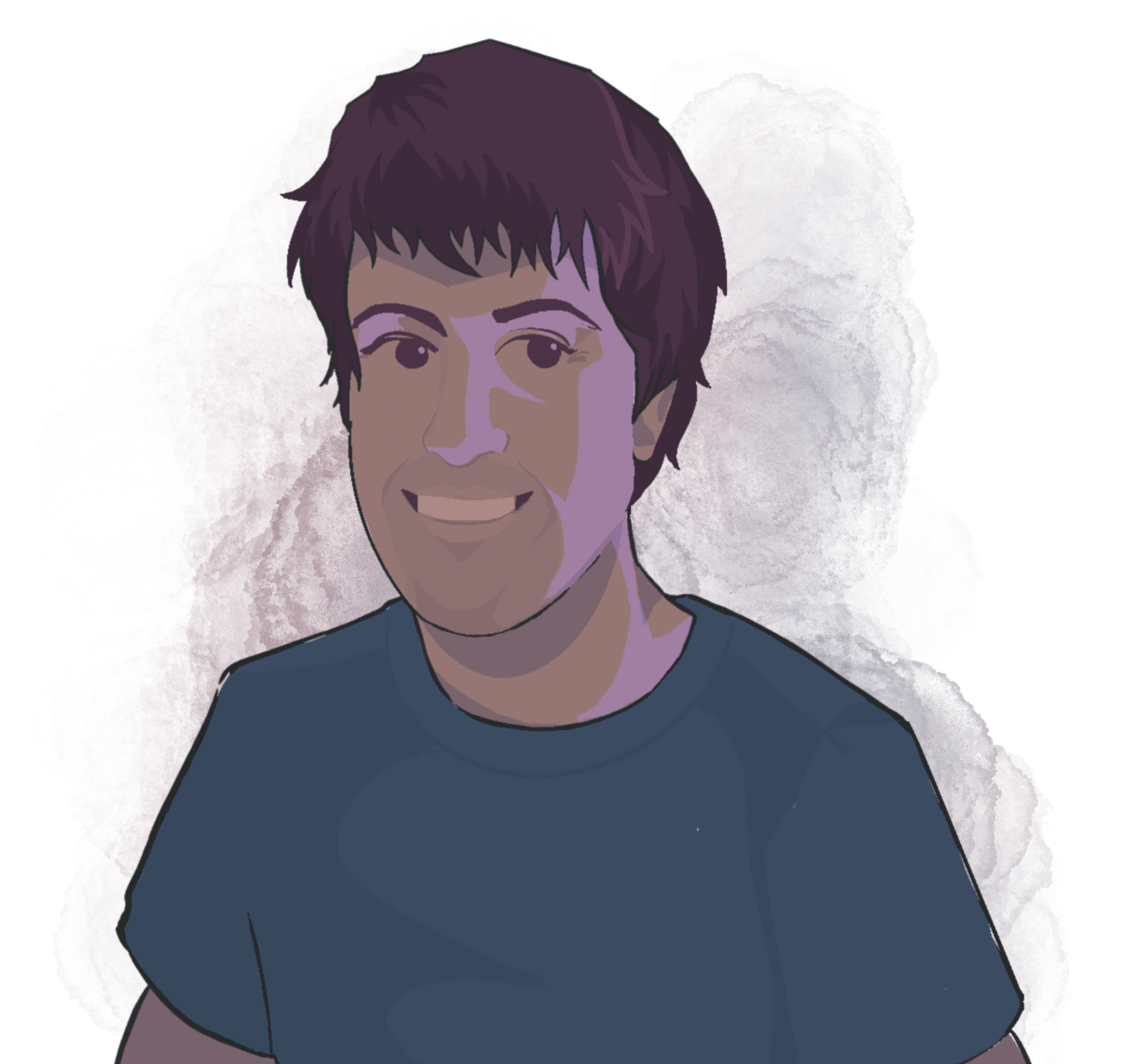 Digital illustration of a smiling young man with short dark hair, wearing a blue t-shirt, set against a colorful abstract background.
