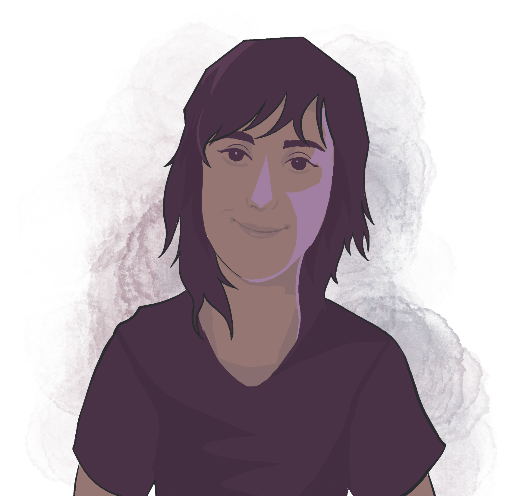 An illustrated portrait of a woman with shoulder-length dark hair, wearing a black shirt, with a multicolored abstract background.
