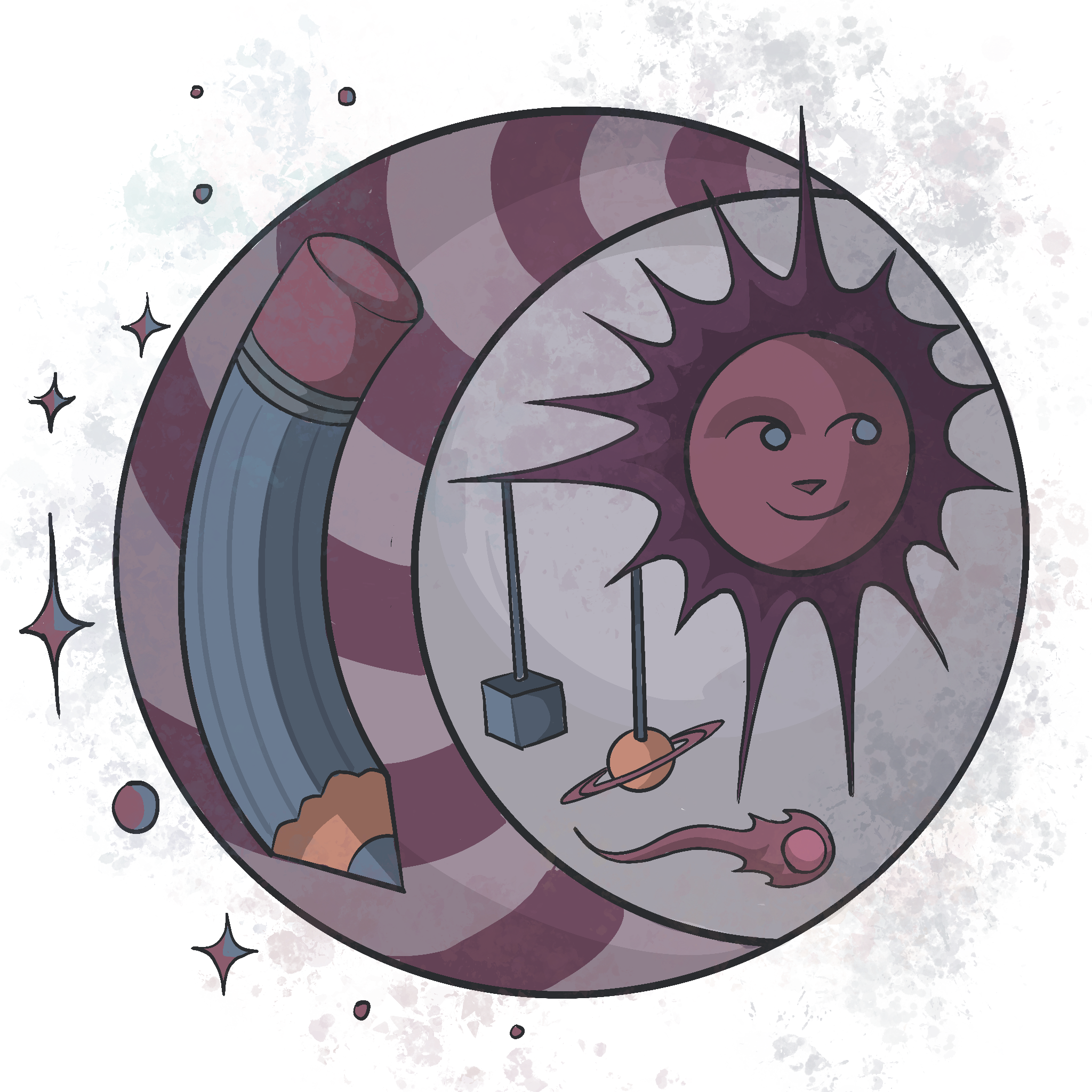 A cartoonish stylized moon with a pencil, planets, a comet, and a smiling sun with a face on a space background with colorful splashes.