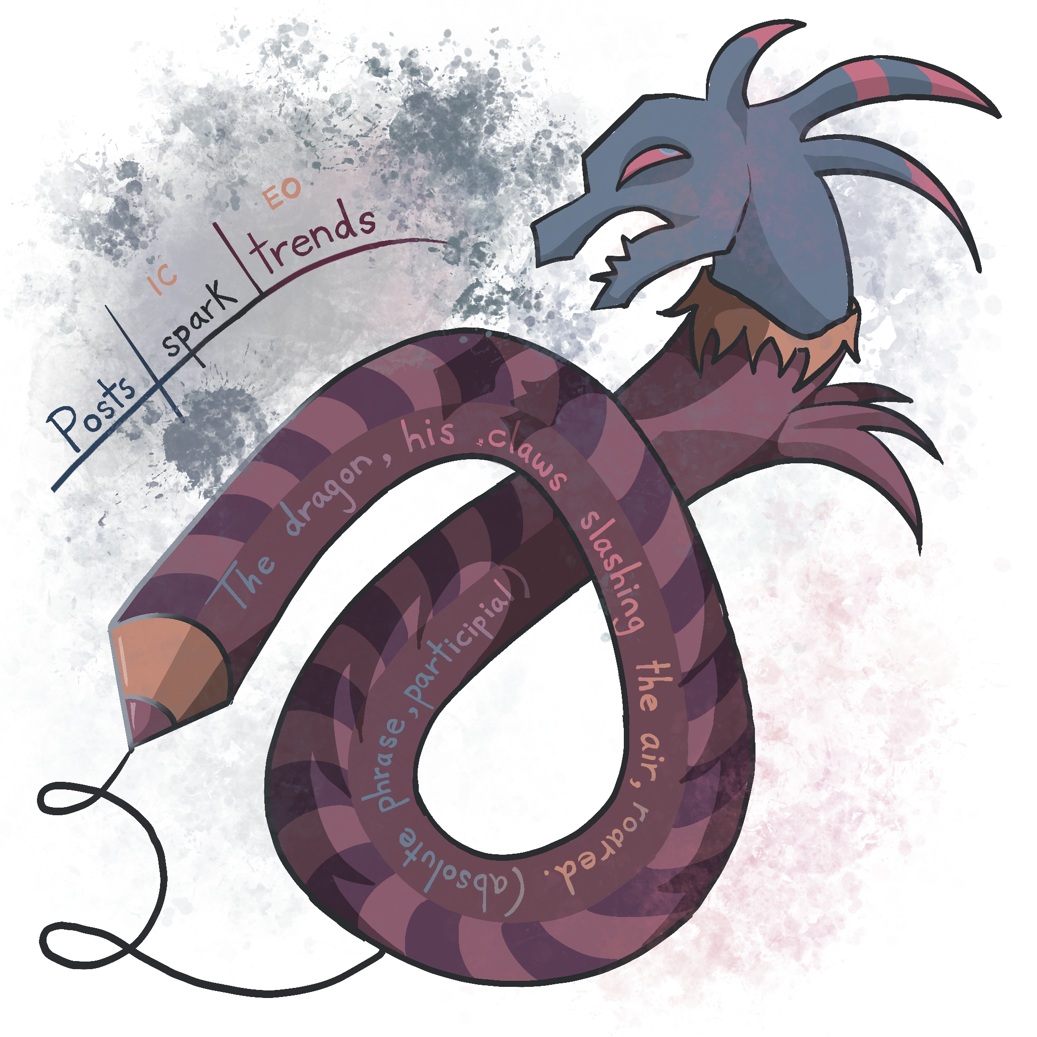 A whimsical dragon with a crowned head and striped body forms the shape of a pencil, with text around it describing stages of content creation and engagement.