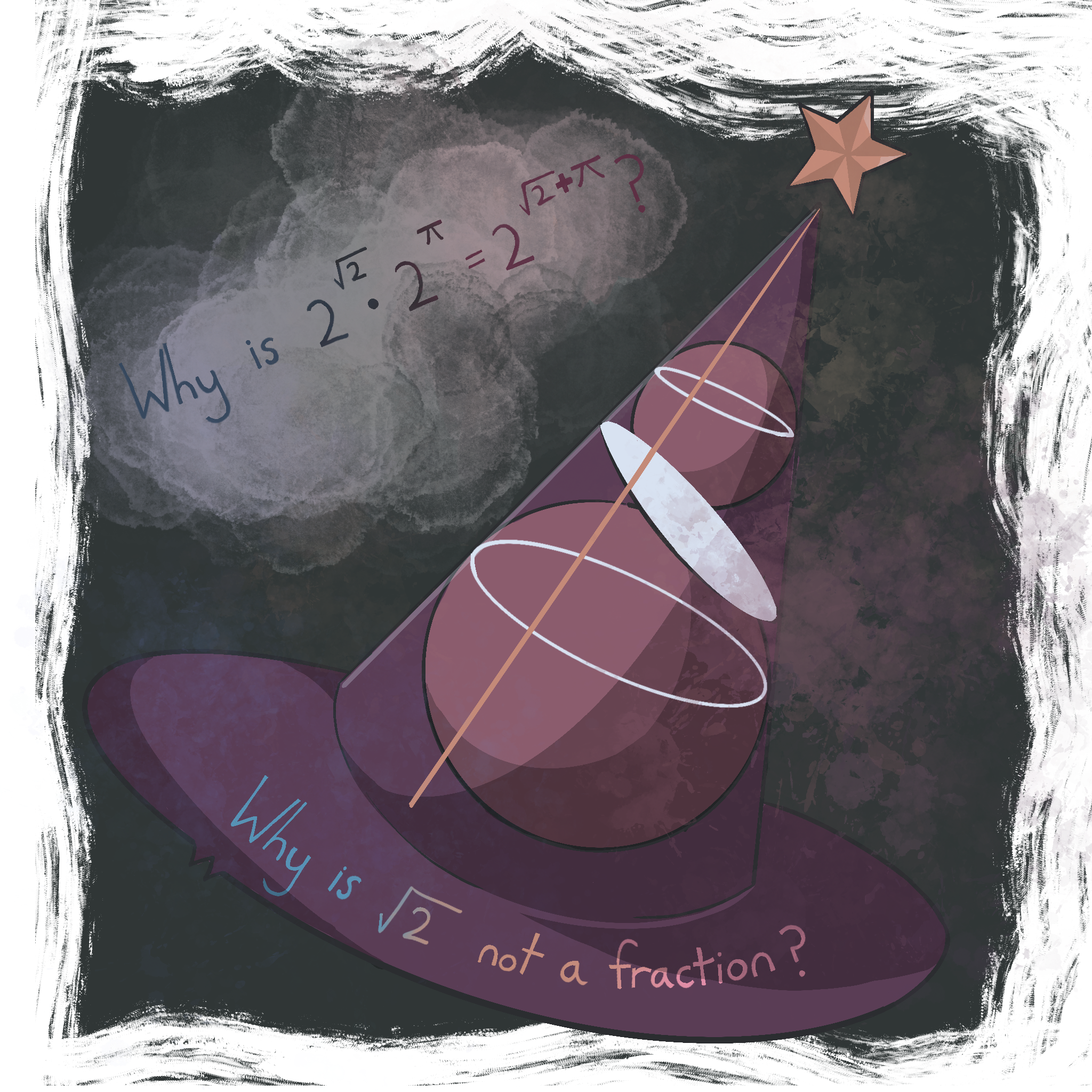 A chalkboard with a mathematical cone illustration and the question 'Why is 2 * √2 * π = 2^√2 π?' and 'Why is √2 not a fraction?' written on it.