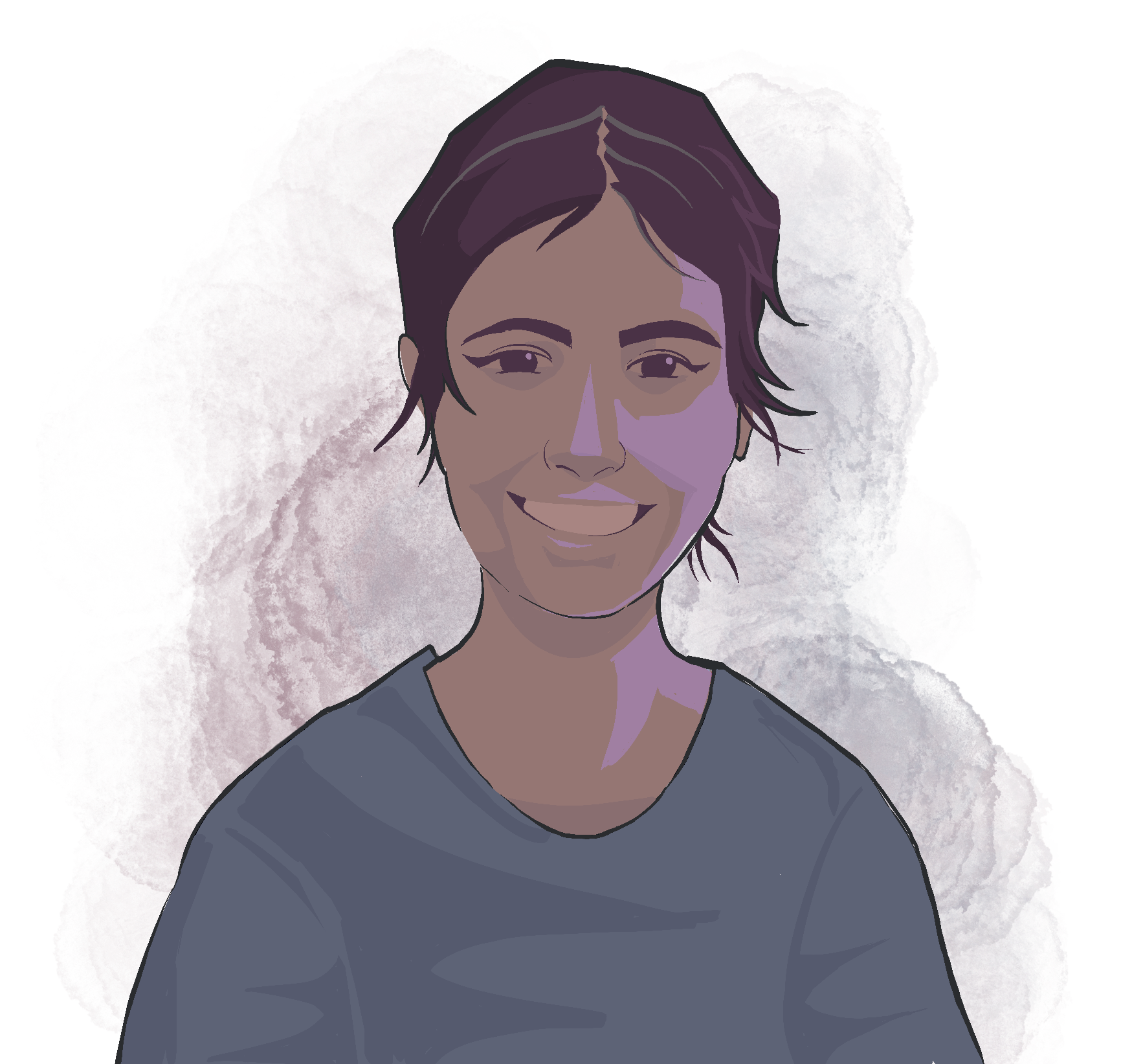 Illustration of a smiling woman with short dark hair, wearing a gray shirt, against a watercolor pink and purple background.