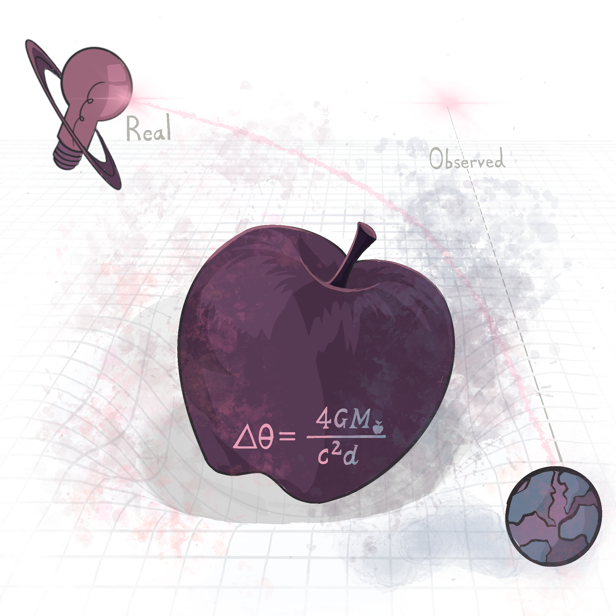 Digital illustration of a black apple with scientific equations on it, surrounded by space-themed icons like a planet with rings, a speech bubble, and Earth, all on a grid background with splashes of pink and purple colors.