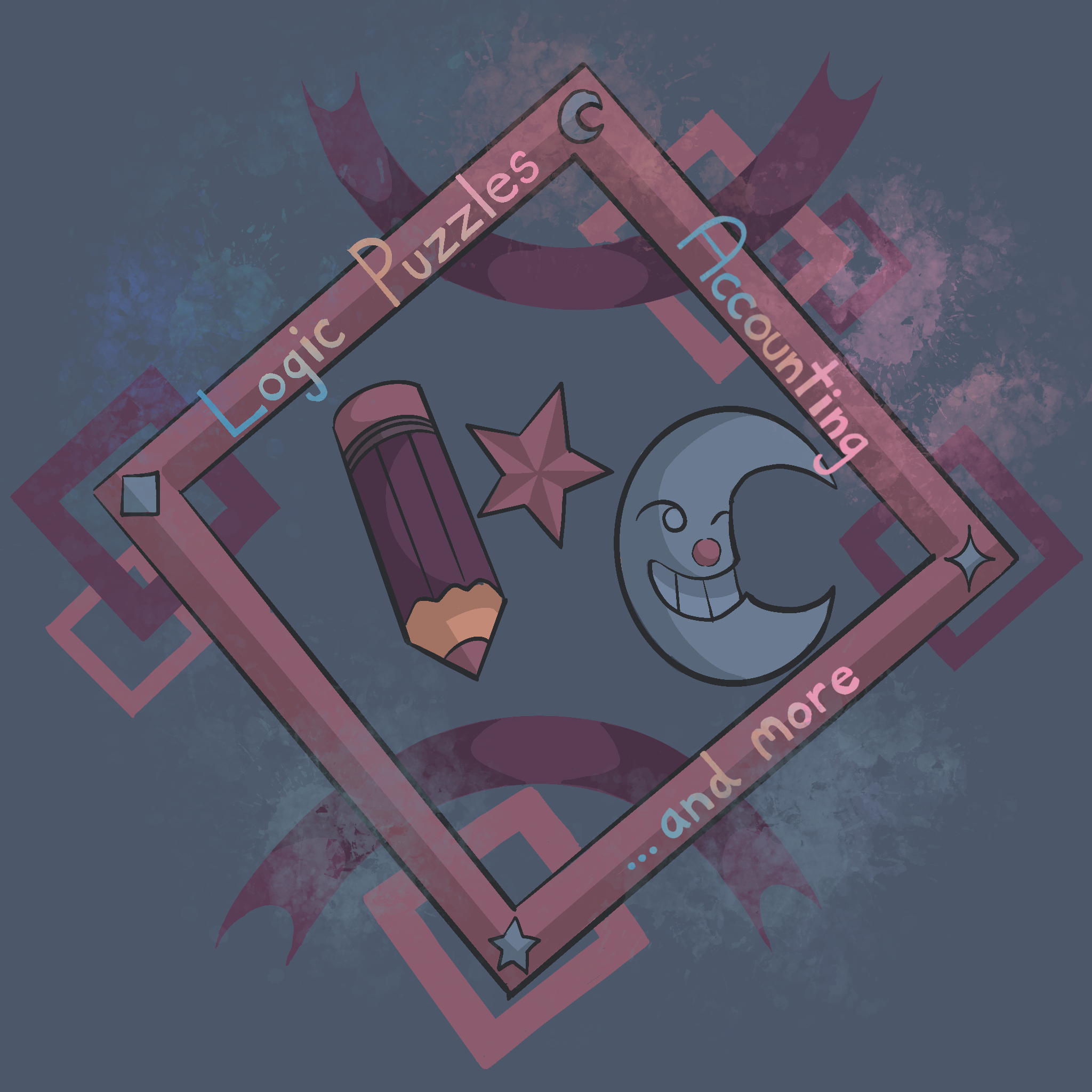 A colored illustration featuring a pencil, a smiley moon with a wink, and a star, with a pink frame around them. Surrounding the frame are the words "Logic Puzzles," "Factoring," and "... and more". The background has a textured, cloudy appearance with geometric shapes.