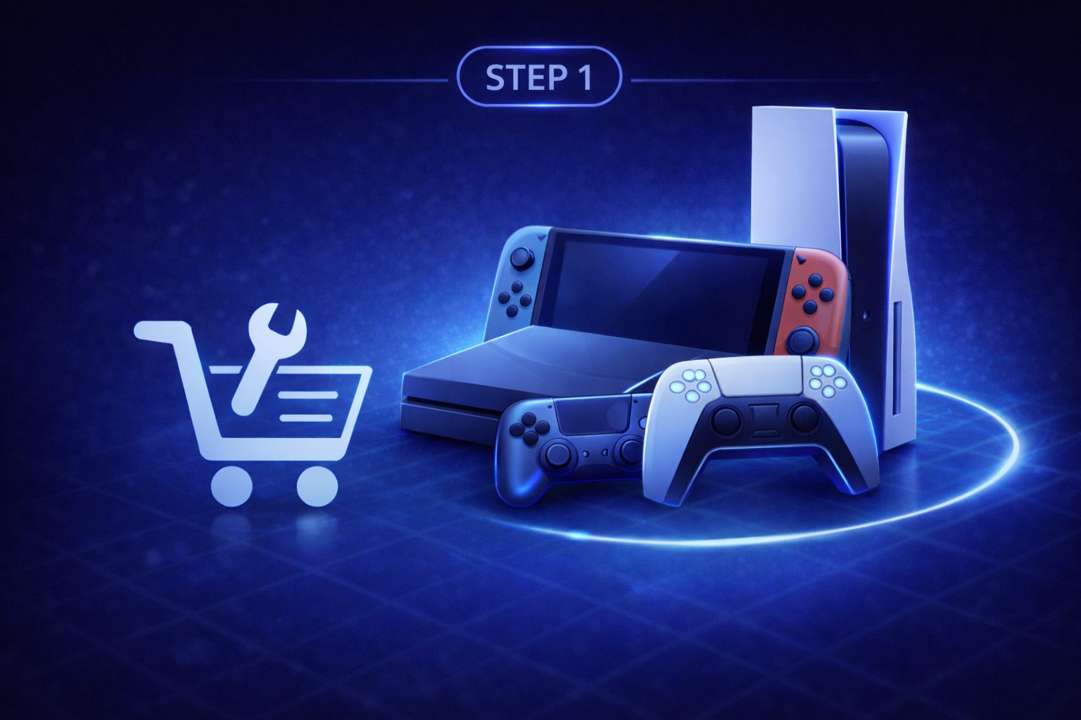 PlayStation 5 gaming console with a controller, Nintendo Switch with a controller, and a shopping cart icon with a wrench, on a dark blue background with glowing effects.
