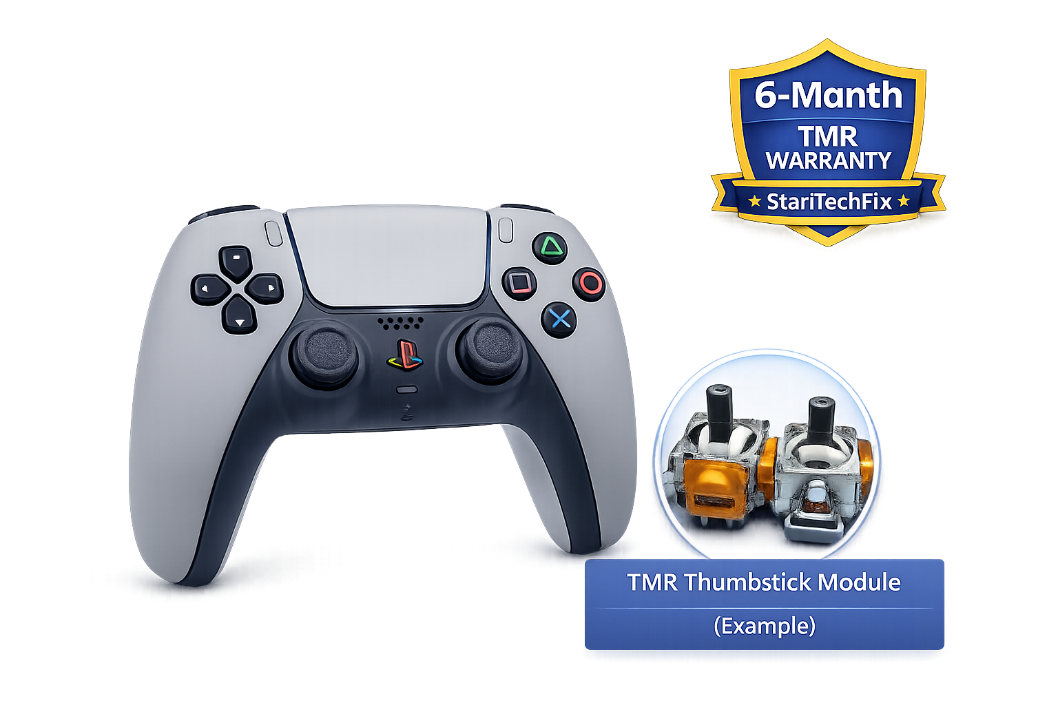 A PlayStation 5 controller with a TMR thumbstick module near it, highlighted with a glowing circle. A warranty badge indicating 6-month TMR warranty from StarTechFix is displayed in the top right corner.