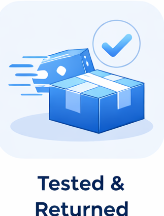 Illustration of a delivery package with a checkmark, indicating it has been tested and returned.