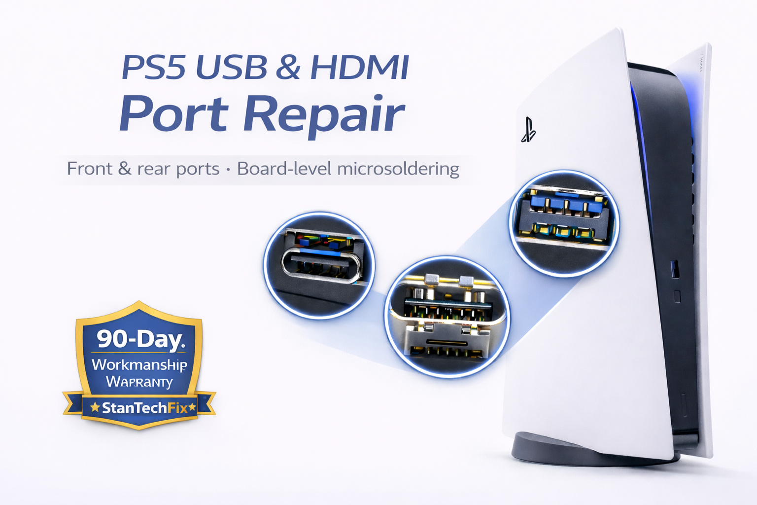 Product packaging for PS5 USB and HDMI port repair by StanTechFix, featuring images of the front and rear ports, with text highlighting a 90-day workmanship warranty.