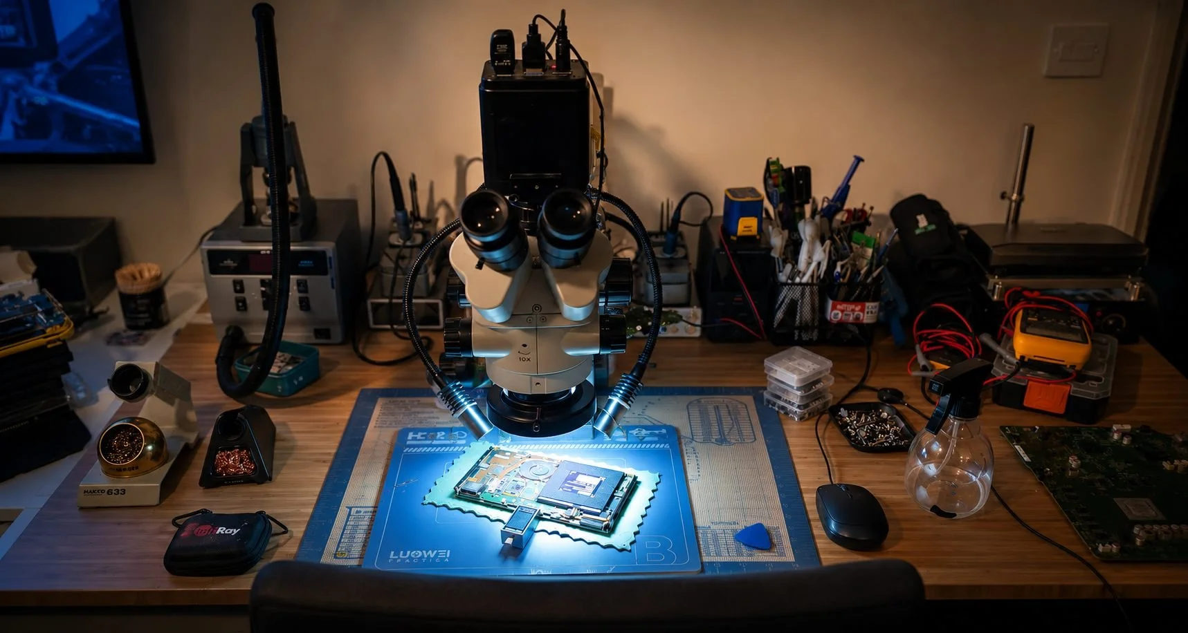 Microscope workbench for console and controller repair at StanTechFix