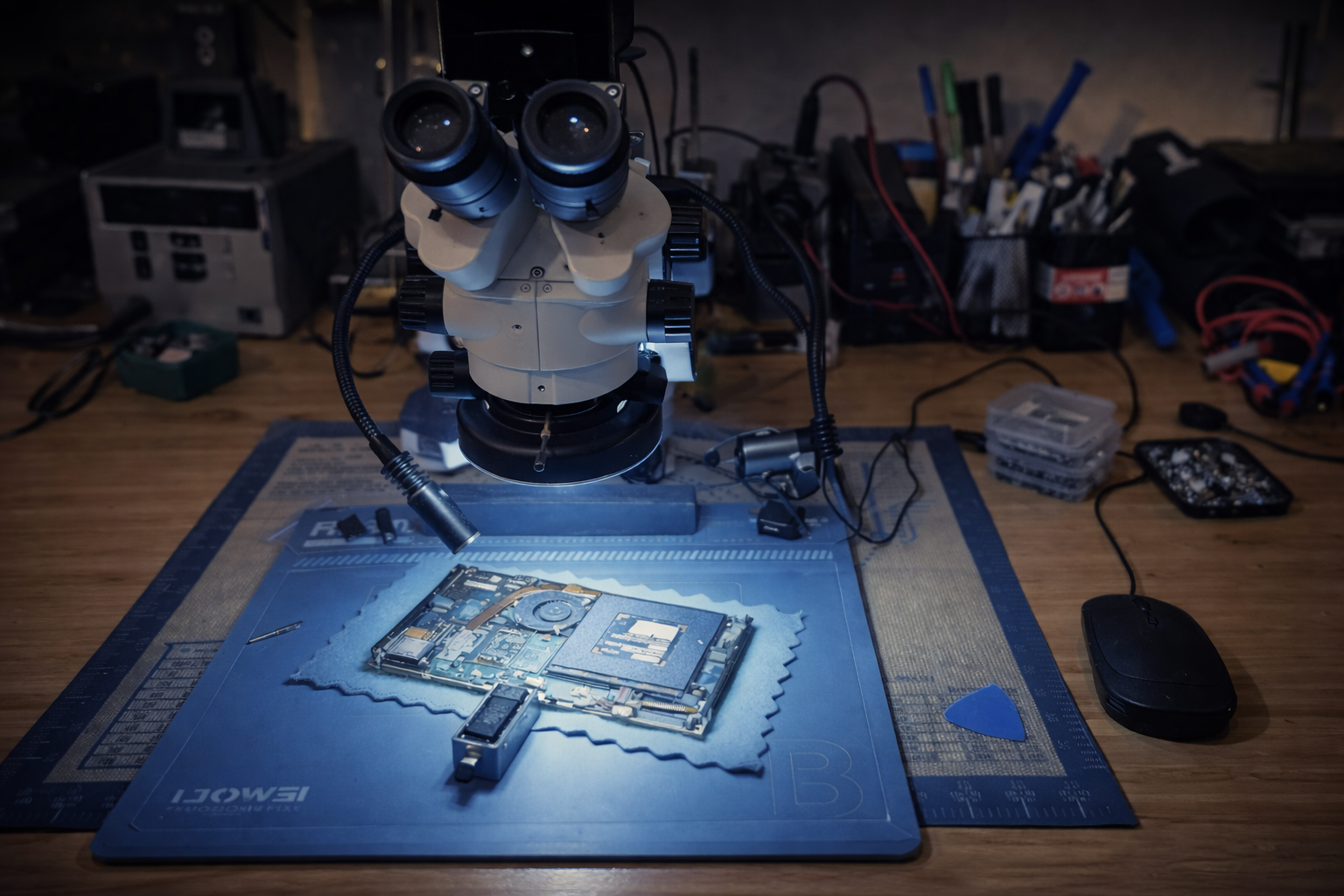 Close-up of a microscope focused on a circuit board on a work surface in a workshop.