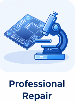 Illustration of a microscope examining a circuit board, with the words 'Professional Repair' below.