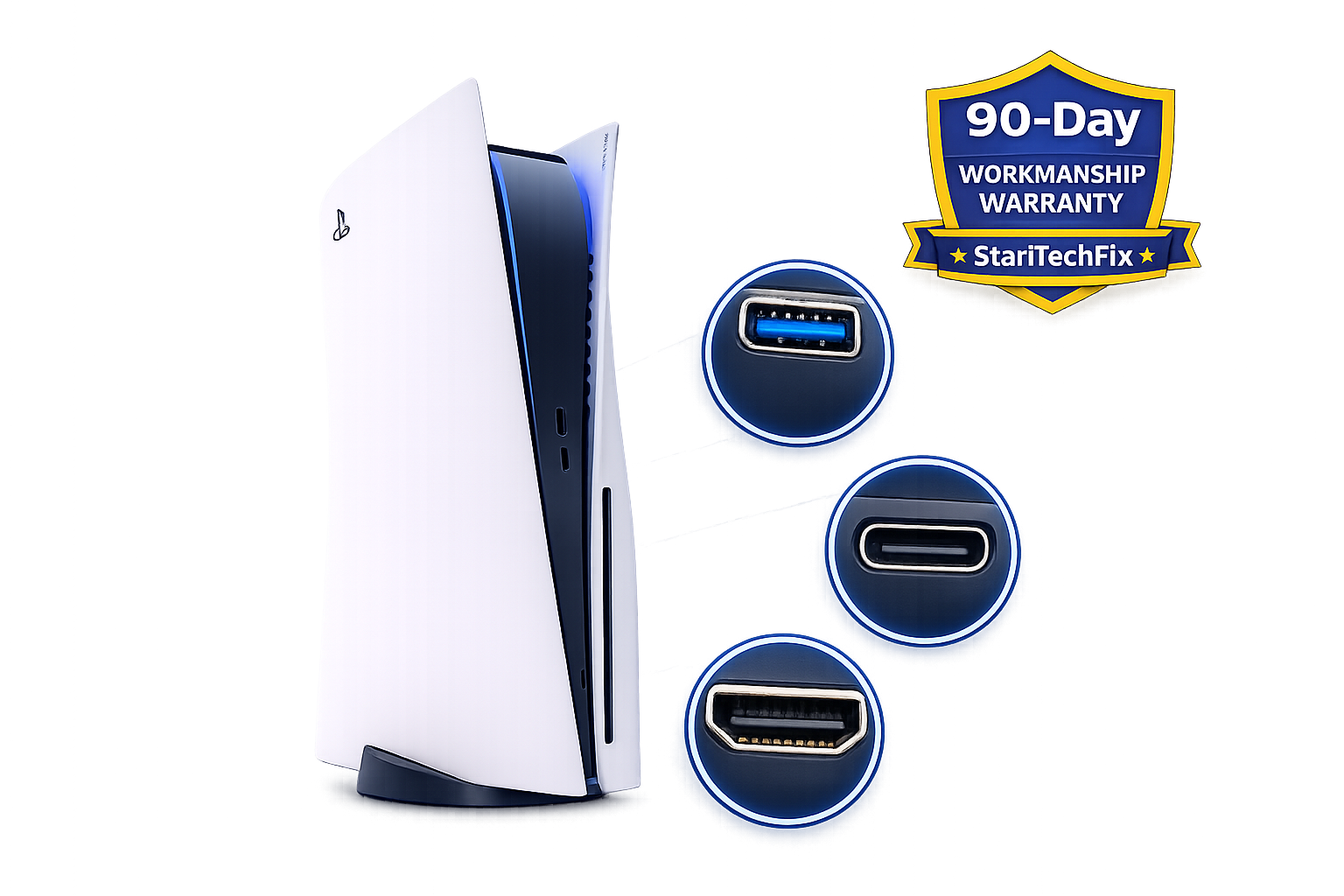 Close-up of a white PlayStation 5 console with three highlighted USB ports on the front, and a 90-day warranty badge from StarTechFix.